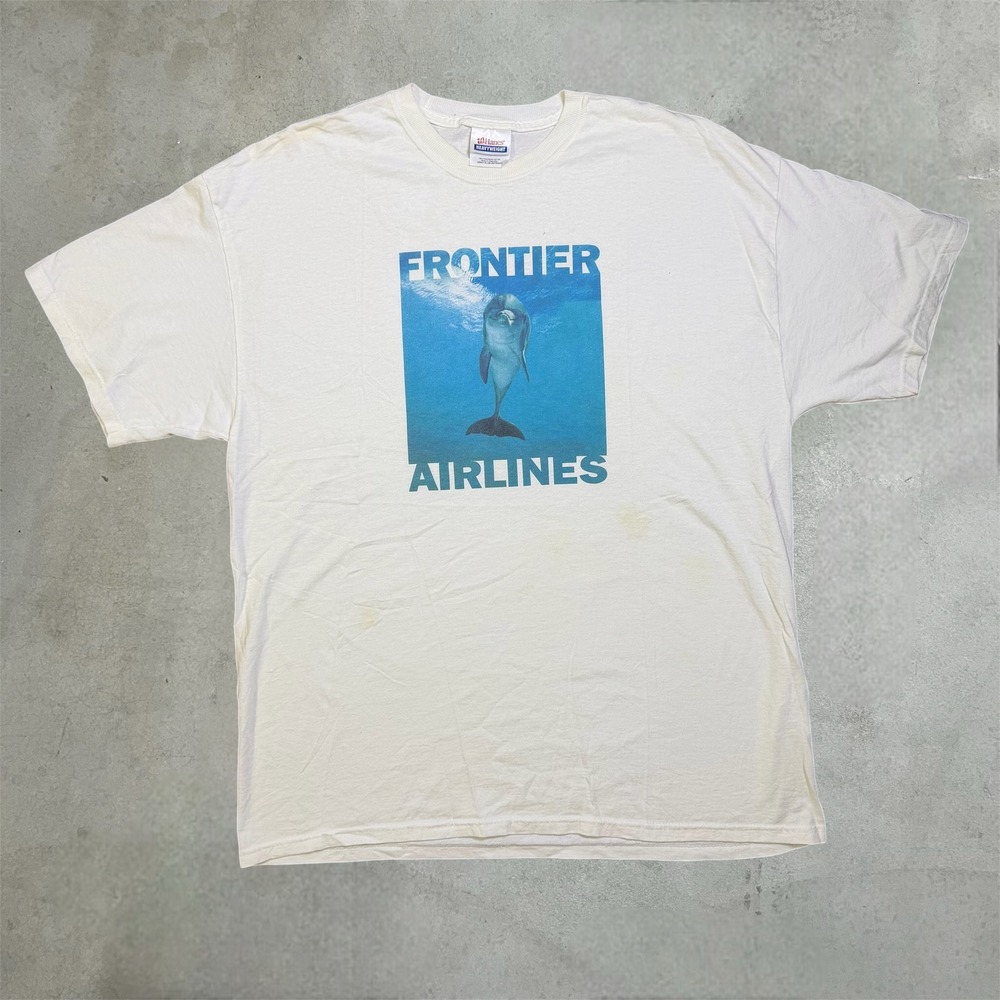 Frontier Airlines T-Shirt Mens XL White Dolphin Promo Graphic Tee